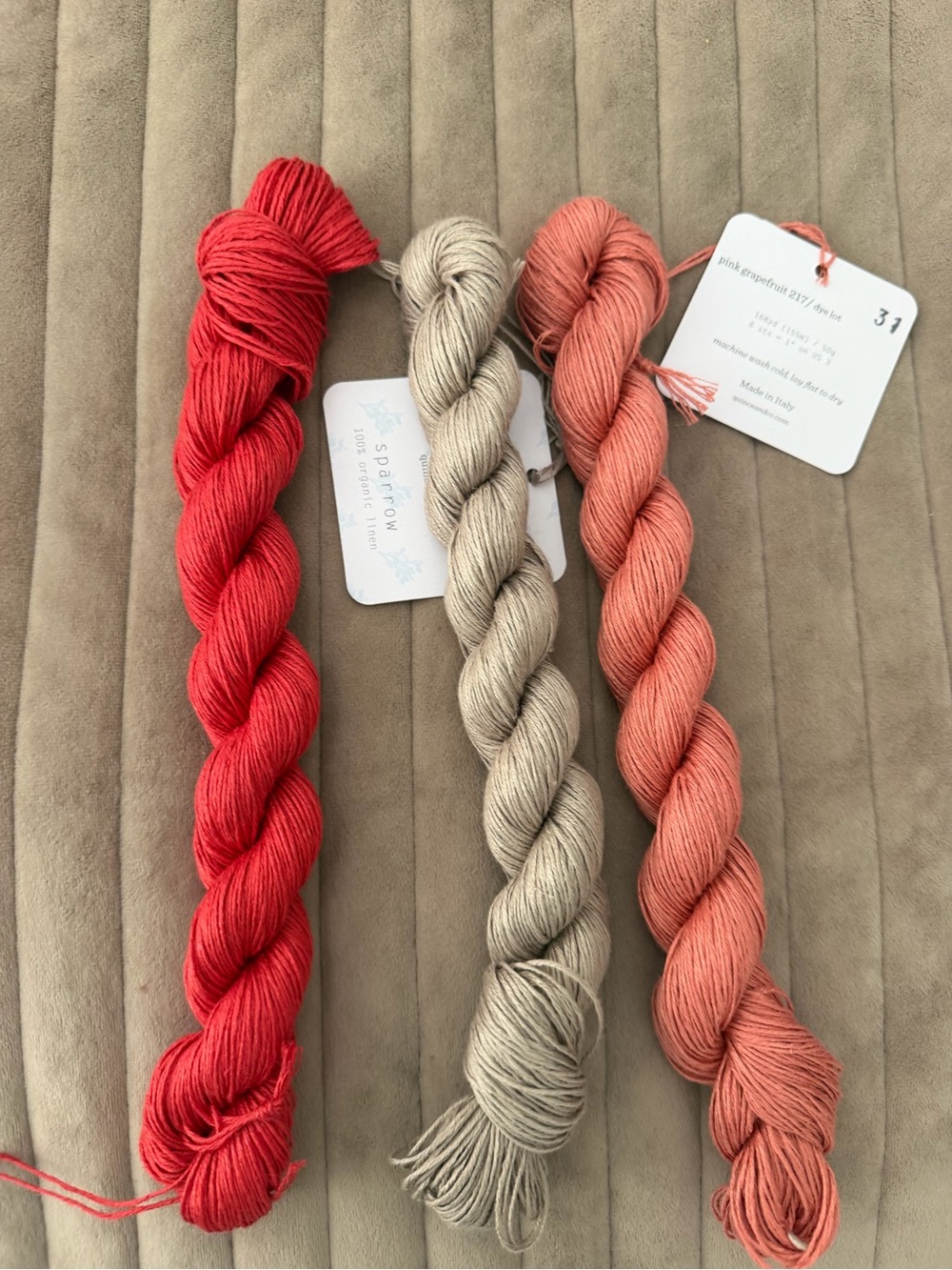 Quince and Co Soft Linen Yarn Trio by - Red, Beige, Coral